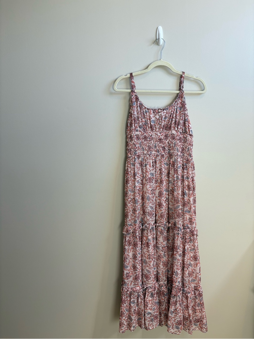 Anthropologie Pink Floral Tiered Maxi Dress with Smocked Waist